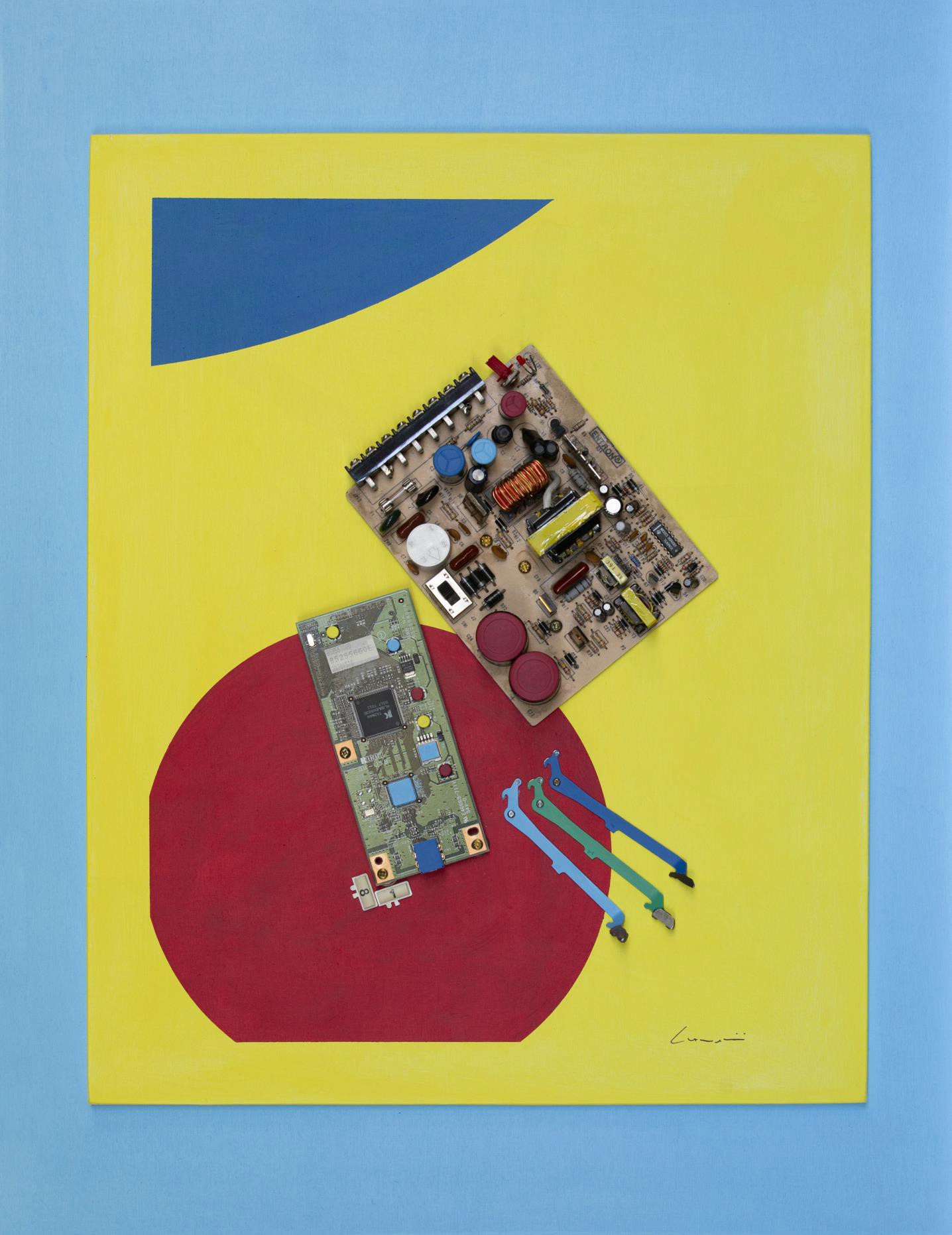Titolo: CERCHI ROSSI Opera costruita con martelletti, schede e tasti multifunzione Tavola di legno 65X50 cm